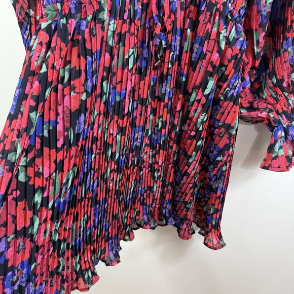 Arula New Black Floral Pleated Mini Dress 1X Long Balloon Sleeve Ruffle Cuffs - Picture 6 of 15